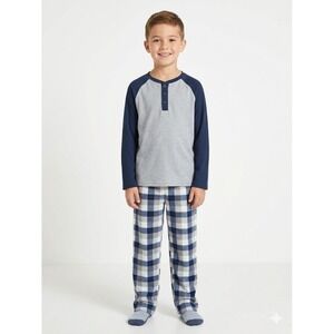 Quat Seven  Boys Plaid  Pajama   Set 2 Piece Henley Sleep Shirt Pants Gray 12-14